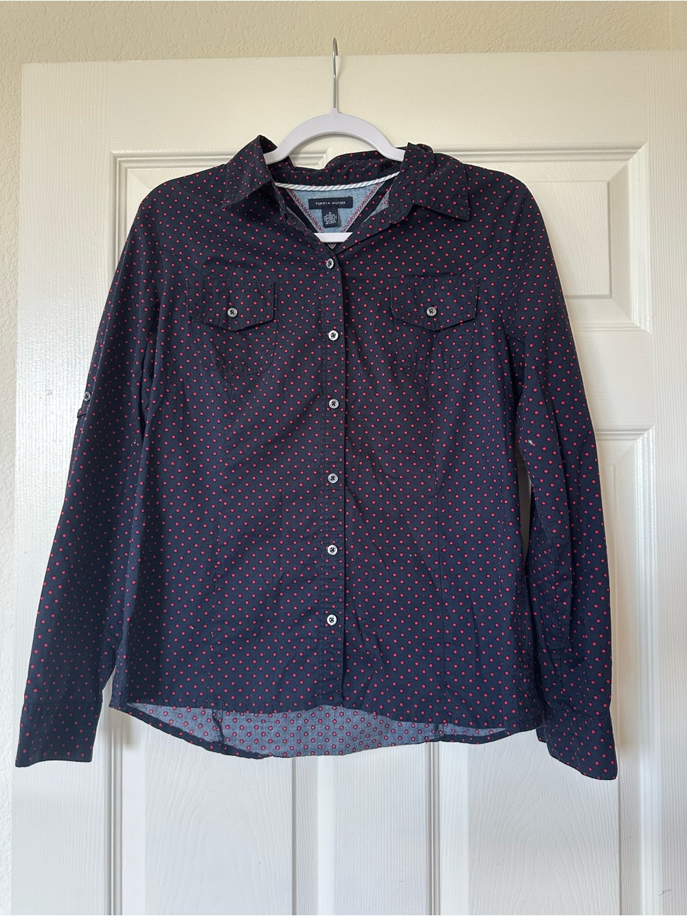 Tommy Hilfiger Polka Dot Button Down Long Sleeve Navy Collared